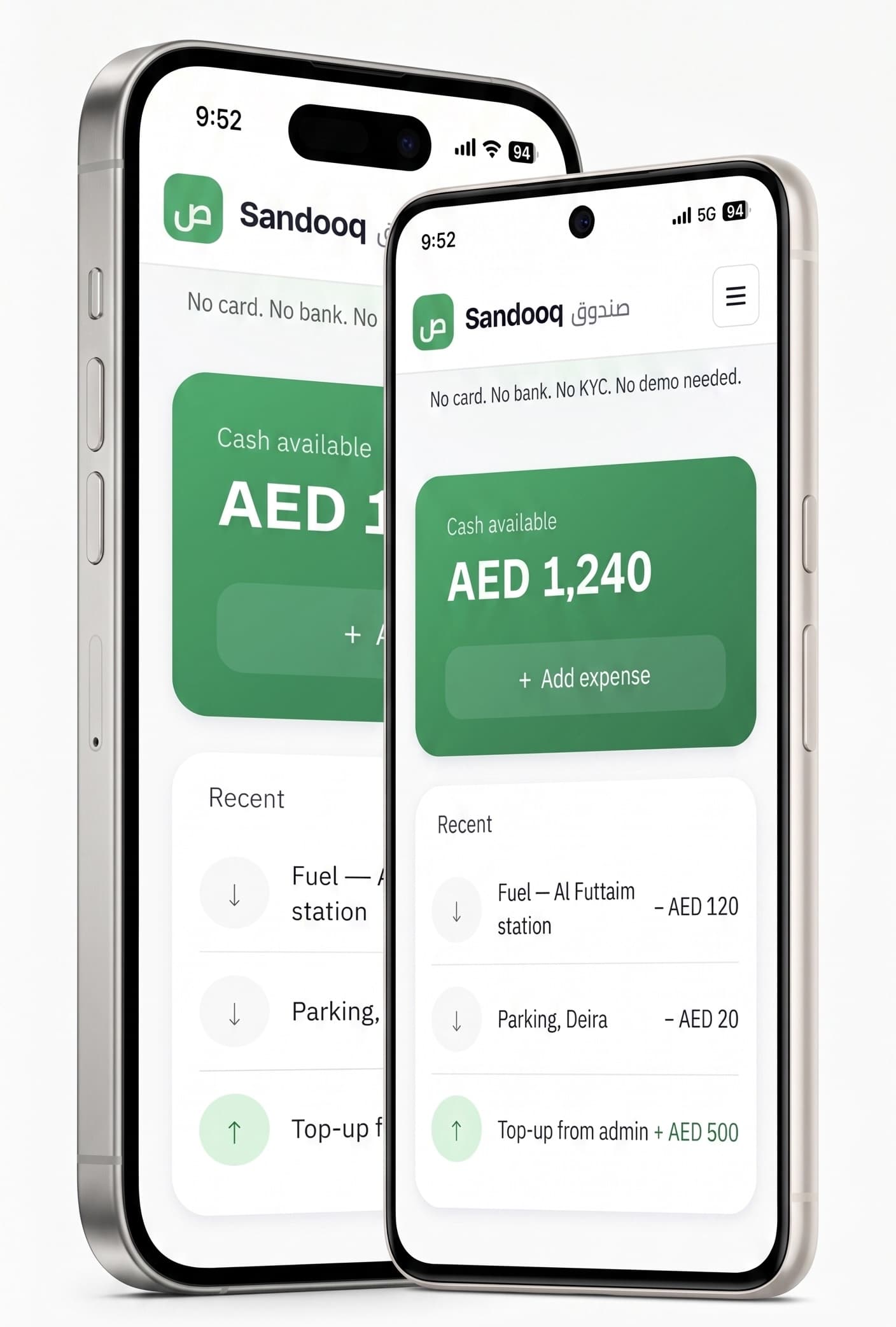 Sandooq app on two phones: cash available, add expense and recent transactions